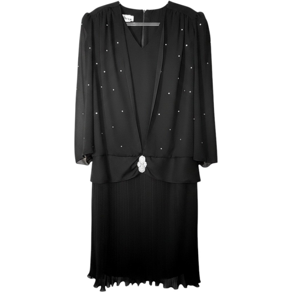 Vintage Art Deco Black Rhinestone Dress Plus Size 20 Pleated Glamour Eighties